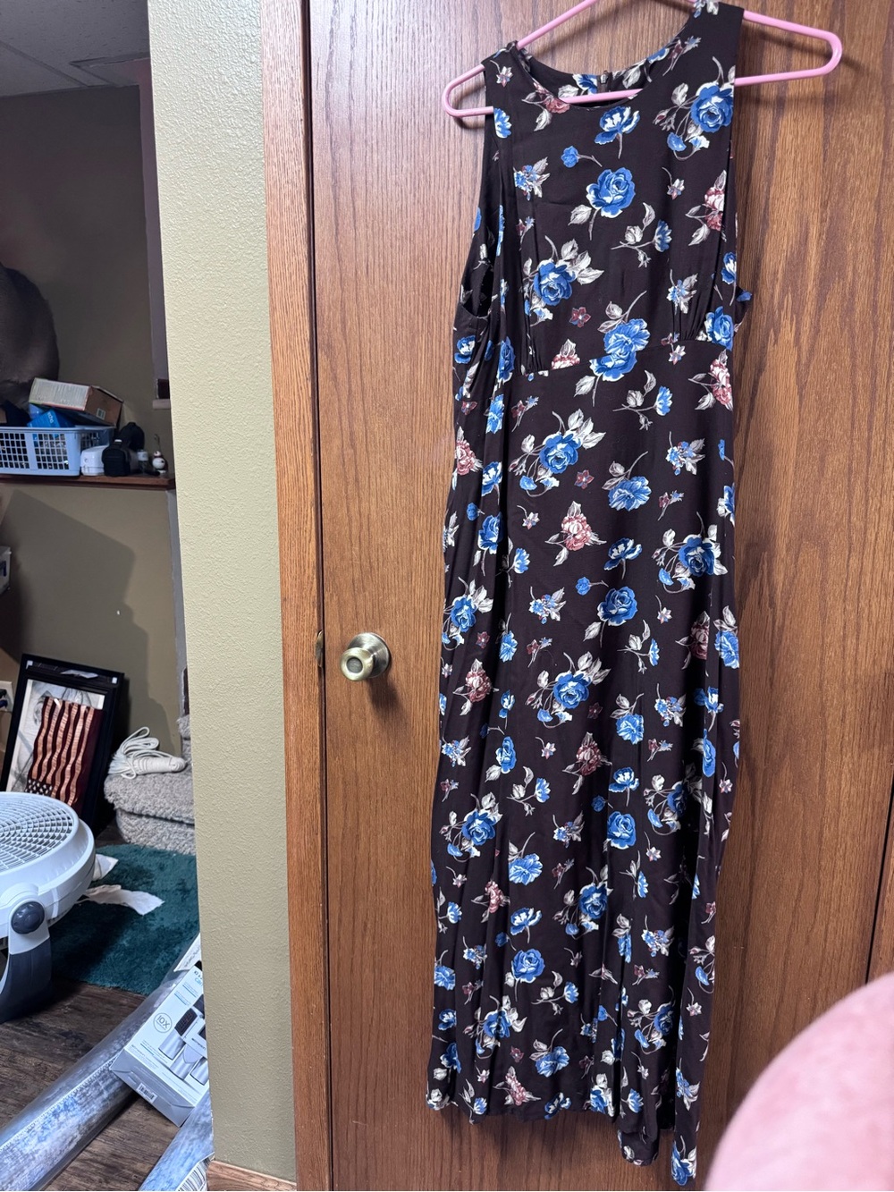 La Belle Brown Maxi Dress with Blue Rose Print